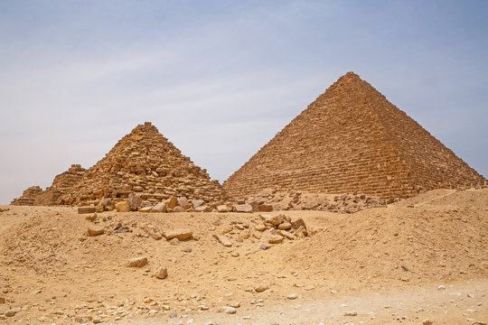 Pyramids of Queens and Pyramid of Menkaure in Giza, Egypt