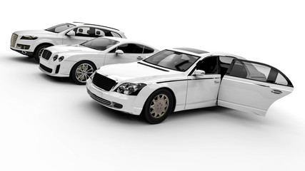 Fototapeta premium Luxury transportation painted in white / 3D render image representing an luxury car fleet painted white 