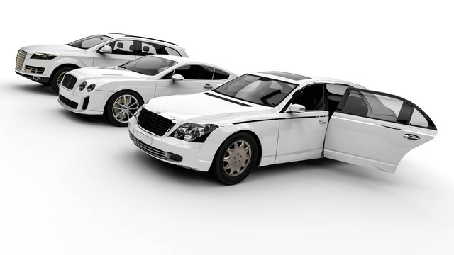 Luxury transportation painted in white / 3D render image representing an luxury car fleet  painted white 