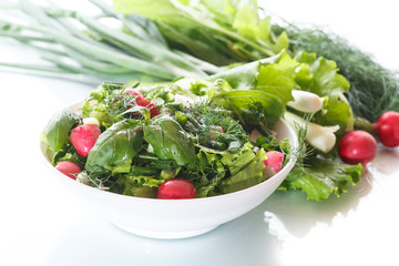 Spring salad from early vegetables, lettuce leaves, radishes and herbs