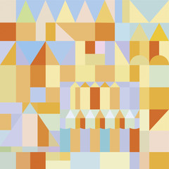 Background Paul Klee, vector illustration geometric patterns. Background with triangles and rectangles in pastel colors. Vector illustration of old city landscape, vitrage.