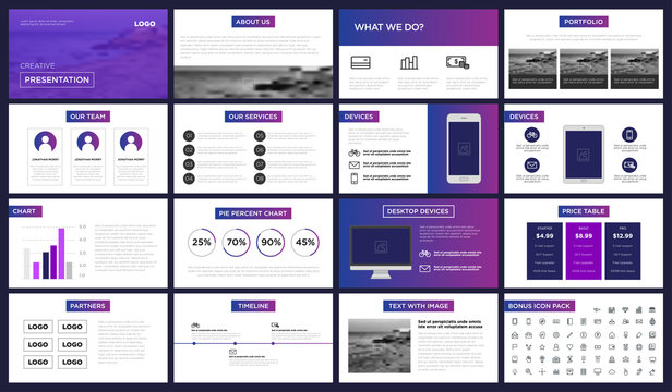 Modern purple and blue presentation template. You can use it presentation, flyer and leaflet, corporate report, marketing, pitch, annual report, catalog.