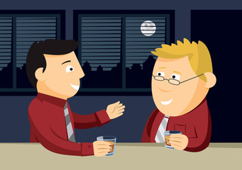Two men drinking whiskey at the bar. Informal business meeting. Cartoon vector illustration.
