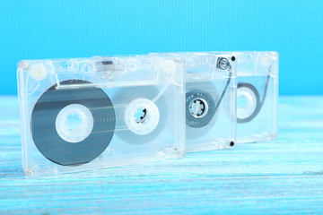 Cassette tapes on the wooden table