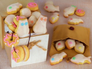 Cookies in the shape  of cats and fish