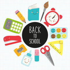 Cute childish Back to School supplies as smiling cartoon characters