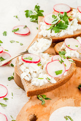 Homemade sandwich toasts with Cottage Cheese, radish and parsley on white table, copy space