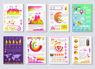 Graphical business company report vector set of templates. Flat 3D modern style charts and graphs detailed illustration