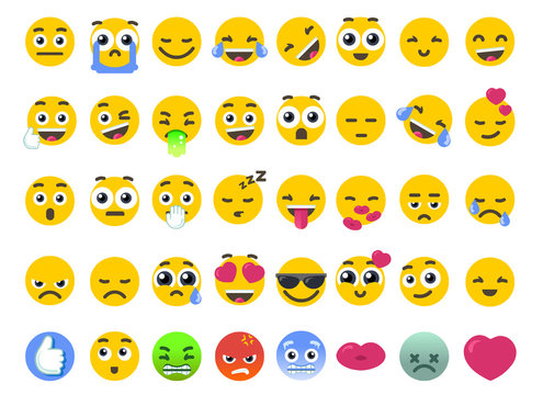 Emoji set of isolated on white vector emoticons stickers. Happy face or like icon as symbol of community chat emotions. Flat illustration vectorial graphics design.