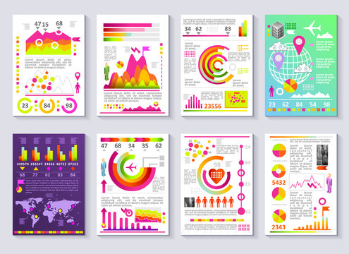 Graphical business company report vector set of templates. Flat 3D modern style charts and graphs detailed illustration