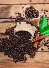 Coffee beans in sack on wooden table