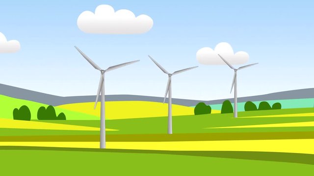 Landscape with wind turbines. Animation.