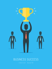 Business succes concept. Businessmen silhouettes, one is holding golden trophy. Vector illustration in flat style