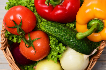 Fototapeta na wymiar eco food concept, vegetables, lettuce leaf, tomatoes, onions, peppers, cucumber