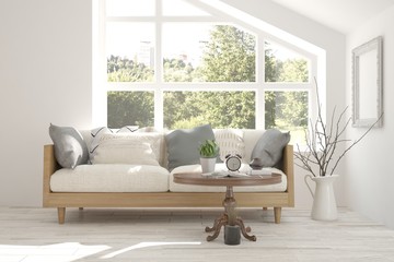 White room with sofa and green landscape in window. Scandinavian interior design. 3D illustration