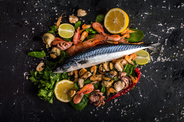 Seafood on a dark background