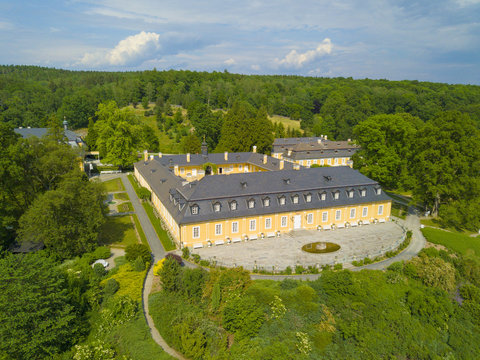 Aerial view of ch&acirc;teau Kozel. Hunting castle in the classical style. Famous tourist attraction and wedding place near Pilsen, Czech republic, European union.