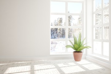 Fototapeta premium White empty room with winter landscape in window. Scandinavian interior design. 3D illustration