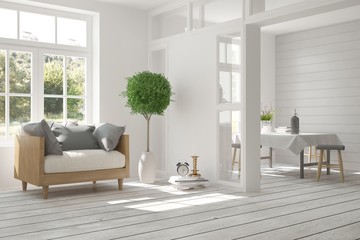 White room with armchair and green landscape in window. Scandinavian interior design. 3D illustration