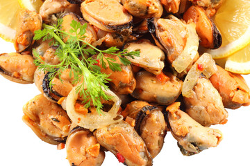 marinated mussels isolated on white background