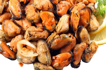 marinated mussels isolated on white background
