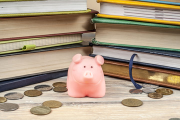 Pink piggy bank with books and coins on wooden background. Concept of funding education.