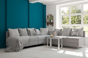 White room with sofa and green landscape in window. Scandinavian interior design. 3D illustration