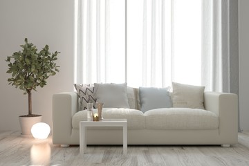 White modern room with sofa. Scandinavian interior design. 3D illustration