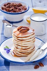 Homemade Pancakes with Maple Syrup and Pecan