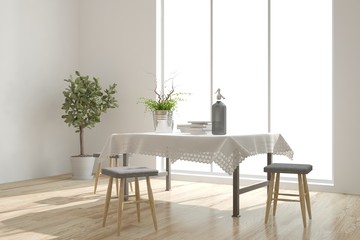 White modern dinner room. Scandinavian interior design. 3D illustration