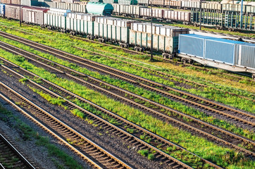 Railway at the marshalling yard grass, freight cars.