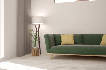 White modern room with sofa. Scandinavian interior design. 3D illustration