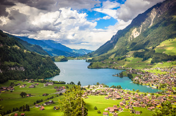 Fototapeta na wymiar Aerial view on Lungernsee lake near Luzern, Switzerland, Europe
