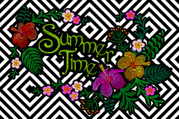 Summer time flower embroidery patch on geometric stripe seamless background. Stitch textile print floral arrangement. Plumeria Hibiscus tropical palm leaves vector illustration