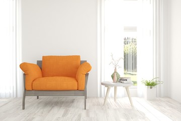 White modern room with armchair. Scandinavian interior design. 3D illustration