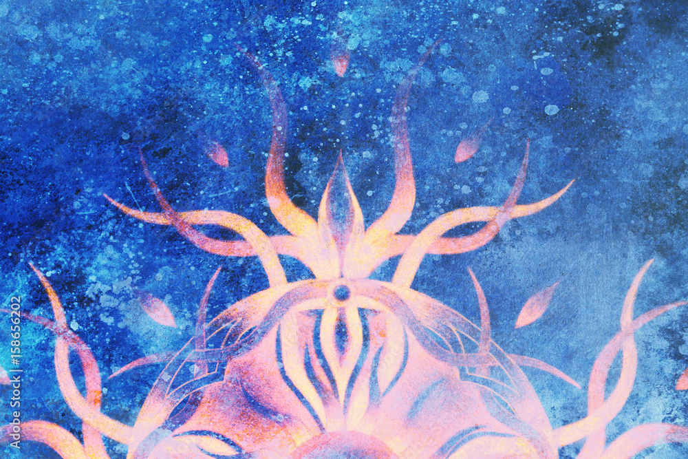 Poster ornamental mandala on abstract structured background with graphic effect.