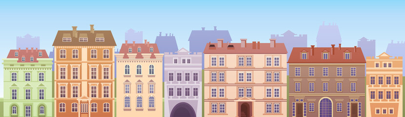 Cartoon Houses Buildings Old Town View Banner Skyline Flat Vector Illustration