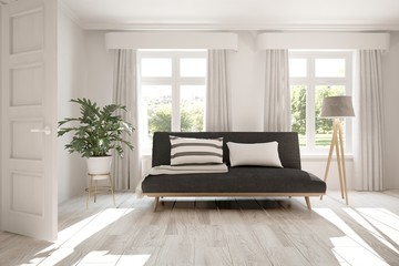 White modern room with sofa. Scandinavian interior design. 3D illustration