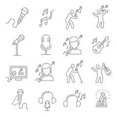 Set of singing Related Vector Line Icons. Includes such Icons as singer, music, musical notes, microphone, concert, Opera, guitar, headphones, karaoke