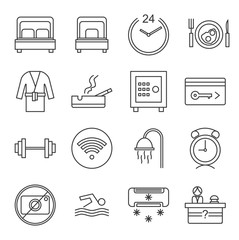 Set of hotel service Related Vector Line Icons. Includes such Icons as hotel service, room, hotel, gym, Bathrobe, Breakfast, key card, air conditioning, Wi-Fi, swimming pool, reception Desk