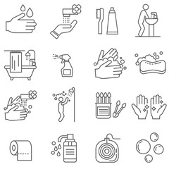 Set of hygiene Related Vector Line Icons. Includes such Icons as washing hands, soap, cleanliness, bath, shower, cotton swabs, toilet paper, shampoo, toothpaste, dental floss