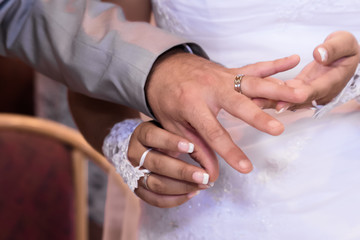 Close up hands of bride and groom putting on a wedding rings