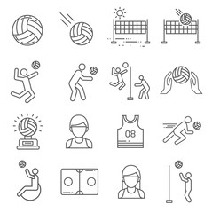 Set of volleyball Related Vector Line Icons. Includes such Icons as a ball, team, sports uniform, volleyball net, playing field, Cup, mesh, sports game