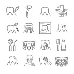 Set of dentistry Related Vector Line Icons. Includes such Icons as dentist, patient, teeth, dental, anesthesia, dental tools, braces, teeth whitening