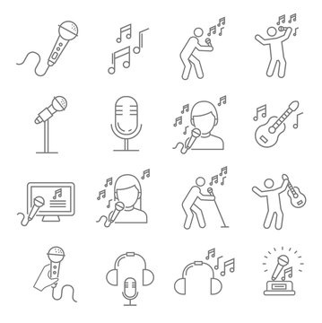 Set of singing Related Vector Line Icons. Includes such Icons as singer, music, musical notes, microphone, concert, Opera, guitar, headphones, karaoke