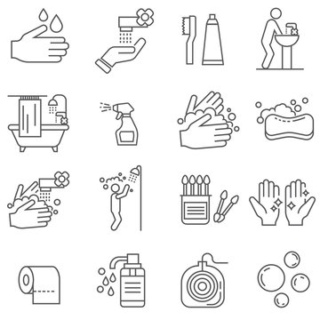 Set of hygiene Related Vector Line Icons. Includes such Icons as washing hands, soap, cleanliness, bath, shower, cotton swabs, toilet paper, shampoo, toothpaste, dental floss
