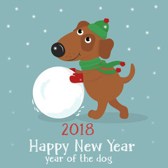 Christmas card with a cute cartoon dog in hat and scarf with snowball on blue background with snow. Vector illustration.