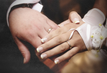 Close-up hands of bride and groom putting on a wedding rings
