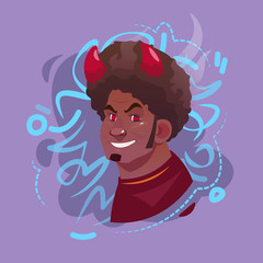 Profile Icon Male Emotion Avatar, Hipster Man Cartoon Portrait Happy Smiling Face With Devil Horning Flat Vector Illustration