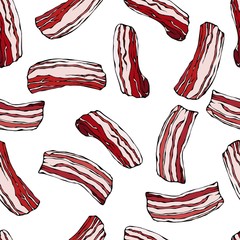 Pork Bacon Seamless. Isolated On a White Background. Realistic Doodle Cartoon Style Hand Drawn Sketch Vector Illustration. Food Pattern.